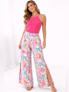 Michele McDowell Krista Floral Wide Leg Pants Bright Pink Multicolor Resort L